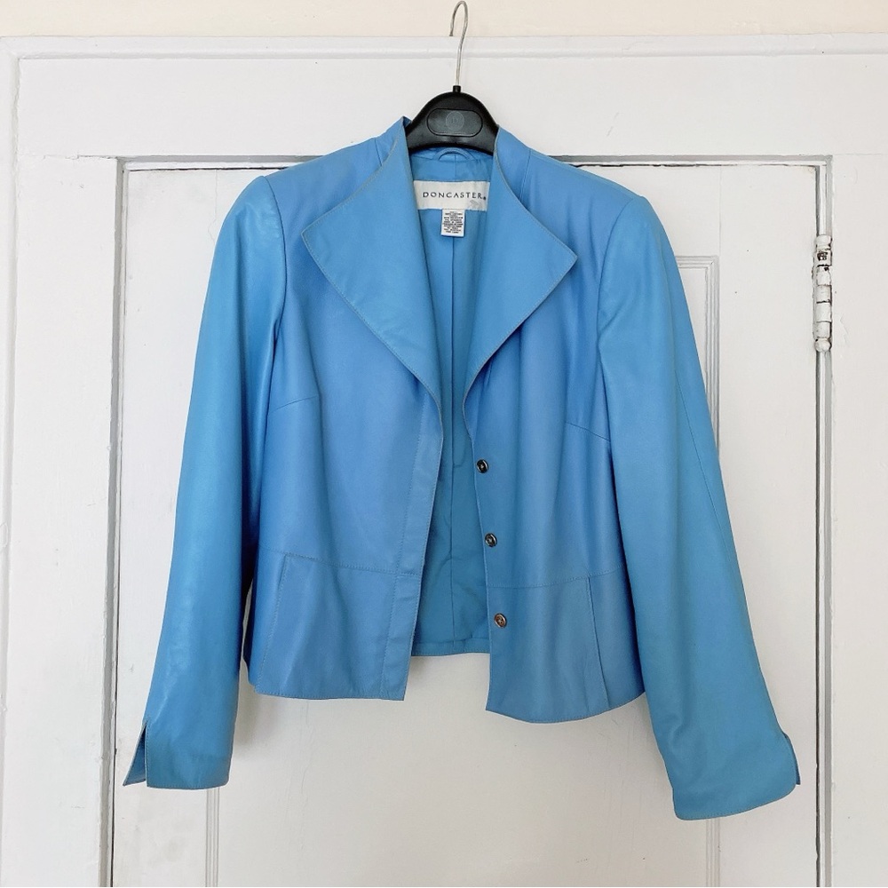 VINTAGE DON CASTER BLUE REAL LEATHER BLAZER JACKET - SIZE 10 - ROBIN EGG BLUE